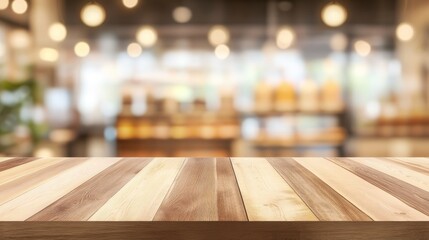 Empty wooden table with blurred cafe background