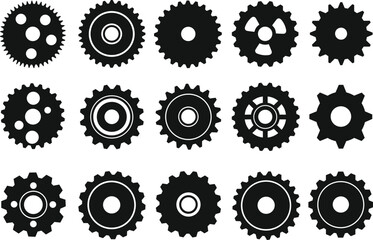 Set of black mechanical gears icons, industrial cogwheel symbols, machinery parts, engineering design elements, technical gear wheels illustration