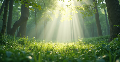 Fototapeta premium Small forest clearing where faint light rays filter through canopy with soft patch of grass and diffused beams piercing leaves.