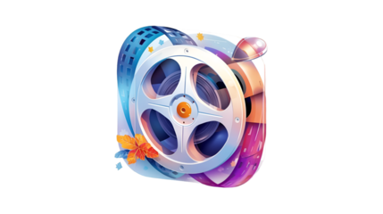 Vibrant watercolor film reel with colorful ribbon and abstract artistic elements