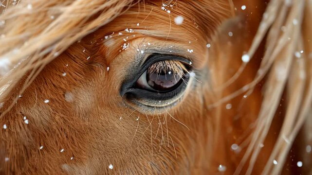 Majestic horse eye amidst falling snowflakes capturing nature's beauty