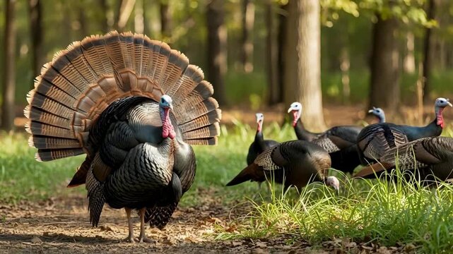 Wild turkey flock strutting through vibrant forest meadow during golden hour in autumn season as they forage for food in their habitat