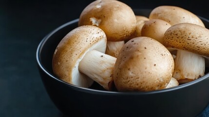 Brown mushrooms in a dark bowl on a dark background