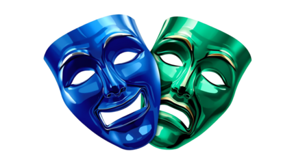 Two theatrical masks one smiling blue and one frowning green representing joy and sorrow