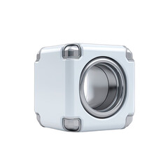 White cube with metallic accents, a central recessed opening