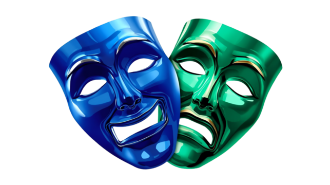 Two theatrical masks one smiling blue and one frowning green representing joy and sorrow