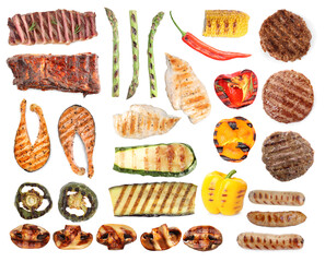 Grilled vegetables, fish and meat isolated on white, collage