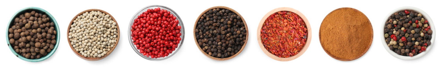 Various types of peppers in bowls isolated on white, set. Top view