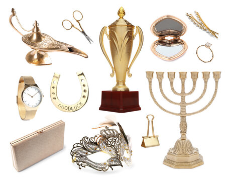 Various golden objects isolated on white, set