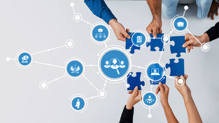 A dynamic scene showcasing diverse hands working together to assemble a puzzle, symbolizing...