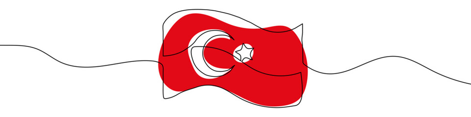 Turkish flag in one line art style. Turkish flag drawing with editable stroke on white background. Vector illustration.
