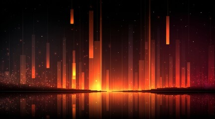 Dark background with orange and red lines and a reflection of the lines in the water