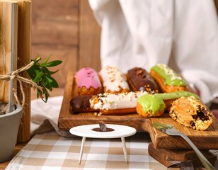 Delicious Assorted Glazed Eclairs Arranged on Wooden Cutting Board Still Life