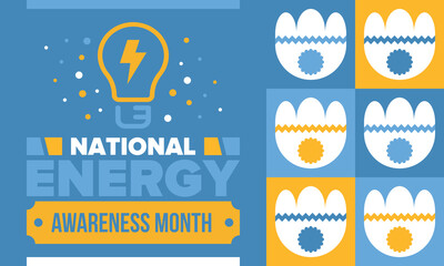 National Energy Awareness Month in October. Optimization and management of energy consumption. The introduction of advanced technology, encourage the use of renewable energy. Energy security. Vector