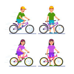 little kid boy and girl ride a bicycle. Modern flat style thin line vector illustration.