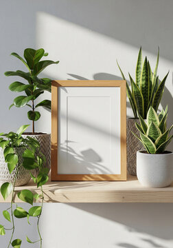 Vertical Wooden Frame Mockup Surrounded by Houseplants on a Shelf in a Sunlit Urban Jungle Interior