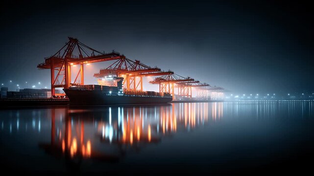 The Busy Scene of a Container Ship in a Port at Night