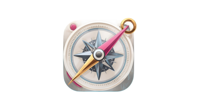 Detailed illustration of a vintage brass compass with a pink and gold needle on a transparent background