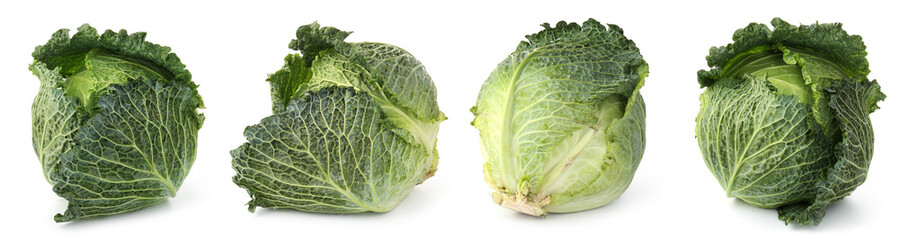 Fototapeta premium Fresh Savoy cabbage isolated on white, set