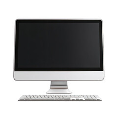 Desktop computer with blank screen.  Silver/light gray case,  and matching keyboard.  Simple,  modern design