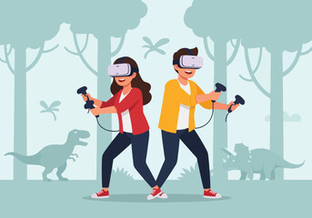 Flat vector illustration of two players exploring a dinosaur world with virtual reality headsets, enjoying an immersive adventure with prehistoric creatures in a digital jungle environment