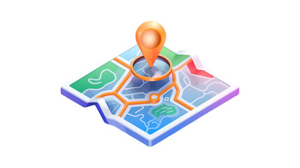 Stylized 3d map icon with a prominent orange location pin marking a destination point