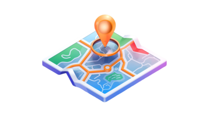 Stylized 3d map icon with a prominent orange location pin marking a destination point