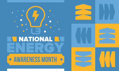 National Energy Awareness Month in October. Optimization and management of energy consumption. The introduction of advanced technology, encourage the use of renewable energy. Energy security. Vector