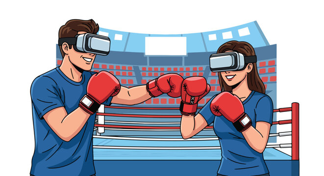 Flat vector illustration of two players boxing with virtual reality headsets in a digital arena, combining sports, fitness, and immersive gaming for a modern competitive experience