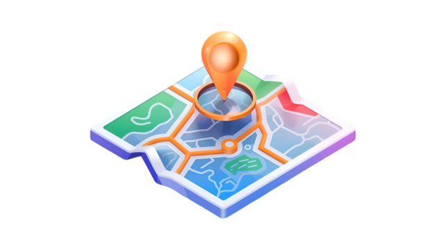 Stylized 3d map icon with a prominent orange location pin marking a destination point