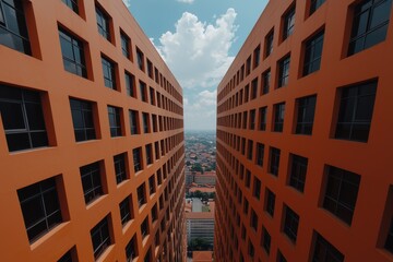 A striking view between two modern orange buildings, showcasing a city skyline under a bright blue sky with fluffy clouds.