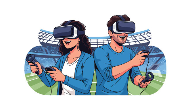 Flat vector illustration of two players using virtual reality headsets to play soccer in a stadium, blending sports, gaming, and immersive digital technology for fun and competition