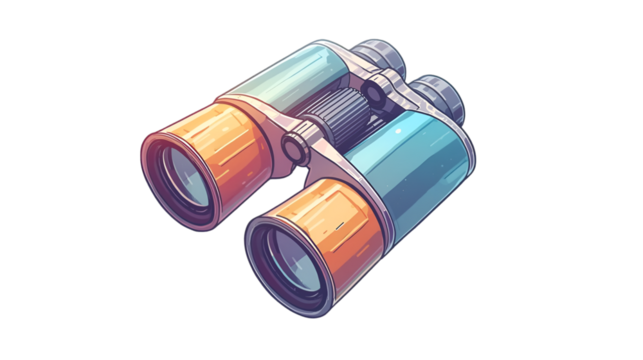 Colorful illustration of a pair of binoculars with orange and teal accents on a transparent background - Powered by Adobe
