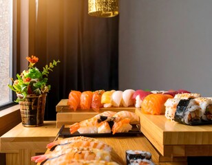 Delicious Various Types of Sushi Set on Wooden Plates Assortment