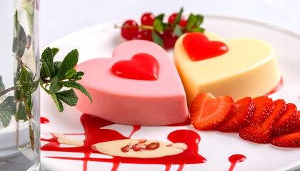 Romantic Sweet Heart Shaped Panna Cotta Dessert with Strawberry Fruit