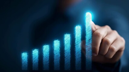 A hand is drawing a blue line with a green tip that is pointing upwards. The line is made up of many small blue lines - Powered by Adobe