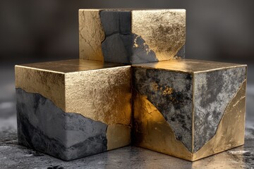 Three gold and silver cubes stacked on top of each other. The cubes are made of metal and have a rough texture