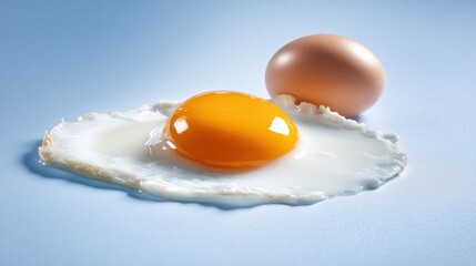 Fried egg with whole egg on light blue background