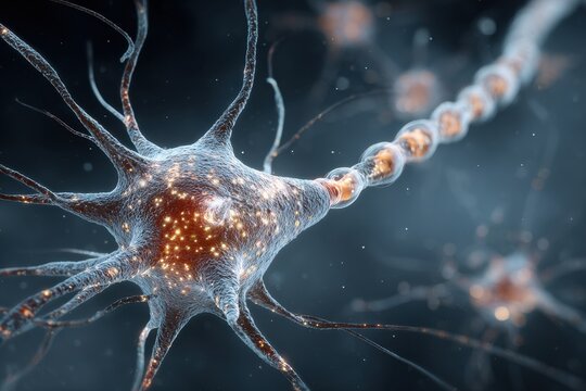 Neuron cell body and axon sheath illustrative close up view, cellular biology with bright orange interior