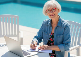 A senior woman in red glasses smiles while working outdoors by a pool, expressing a mix of relaxation and productivity in a serene setting