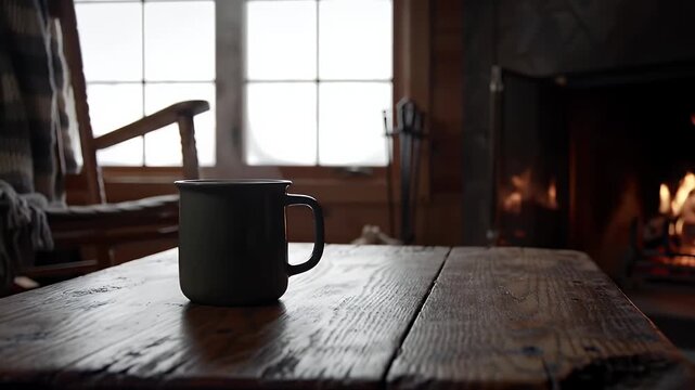 Cozy Cabin Getaway: Relaxing Fireplace Ambience with Coffee Mug on Wooden Table