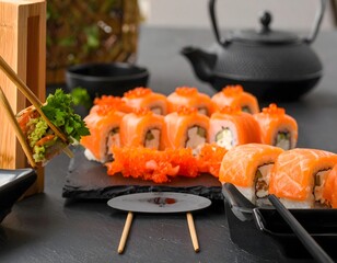 Delicious and Fresh Salmon Roll Sushi on Plate Ready to Eat