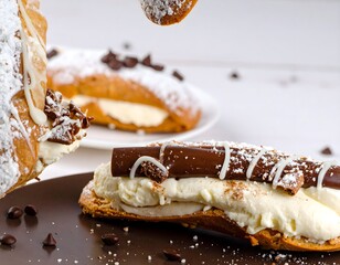 Close Up Delicious Cannoli and Pastries Creamy Dessert Food Concept