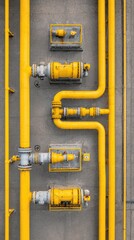 Yellow gas pipeline and valves. Modern oil and gas industrial technology. Industry infrastructure network, top view