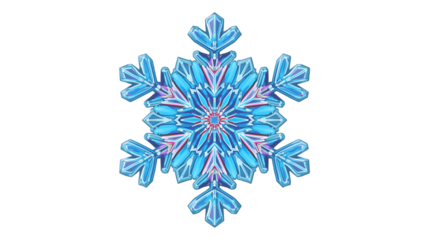 Intricate blue and pink iridescent snowflake crystal with detailed symmetrical ice formations
