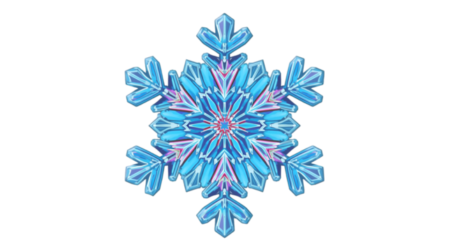 Intricate blue and pink iridescent snowflake crystal with detailed symmetrical ice formations
