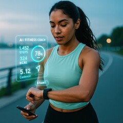 Fitness tracking in action running woman monitors ai fitness coach stats by riverside digital display urban setting close-up view
