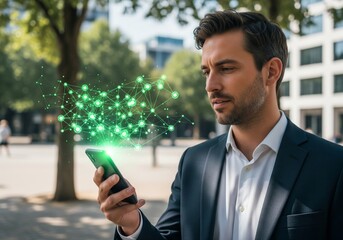 Business professional using smartphone with glowing green AI holographic interface in office