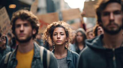 Obraz premium Woman in a crowd of protestors, serious expression. Student protest march for social justice and advocacy. Activism and public demonstration.