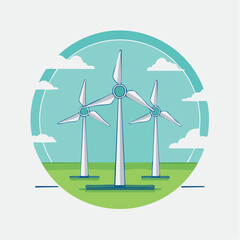 Modern Wind Turbines on a Green Landscape Within a Circle, Renewable Energy Illustration